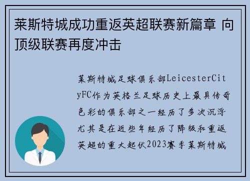 莱斯特城成功重返英超联赛新篇章 向顶级联赛再度冲击