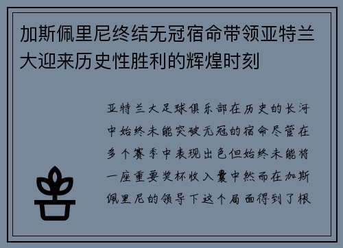 加斯佩里尼终结无冠宿命带领亚特兰大迎来历史性胜利的辉煌时刻